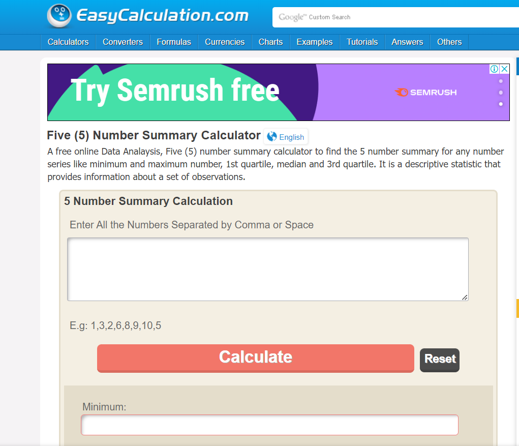Easy Calculation - - Five Number Summary Calculator